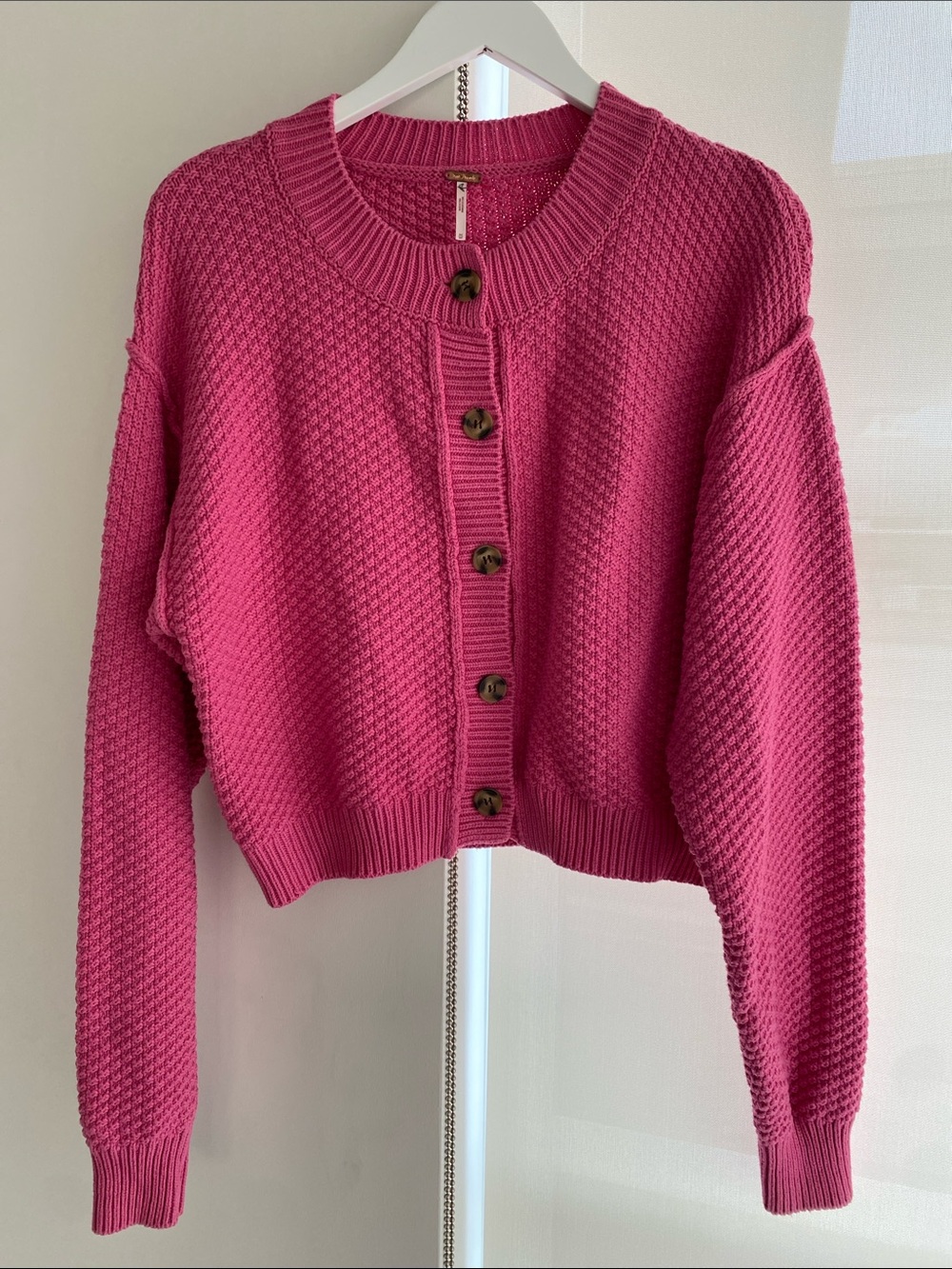 Free People Lila Knit Cardigan Cotton Blend Plumdrop (Dark Bubblegum Pink) Size